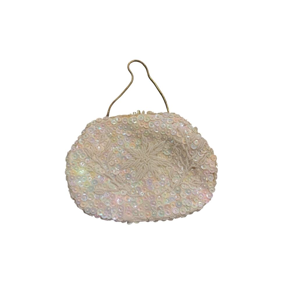 Vintage 1970's Cream and iridescent sequin beaded Evening Clutch